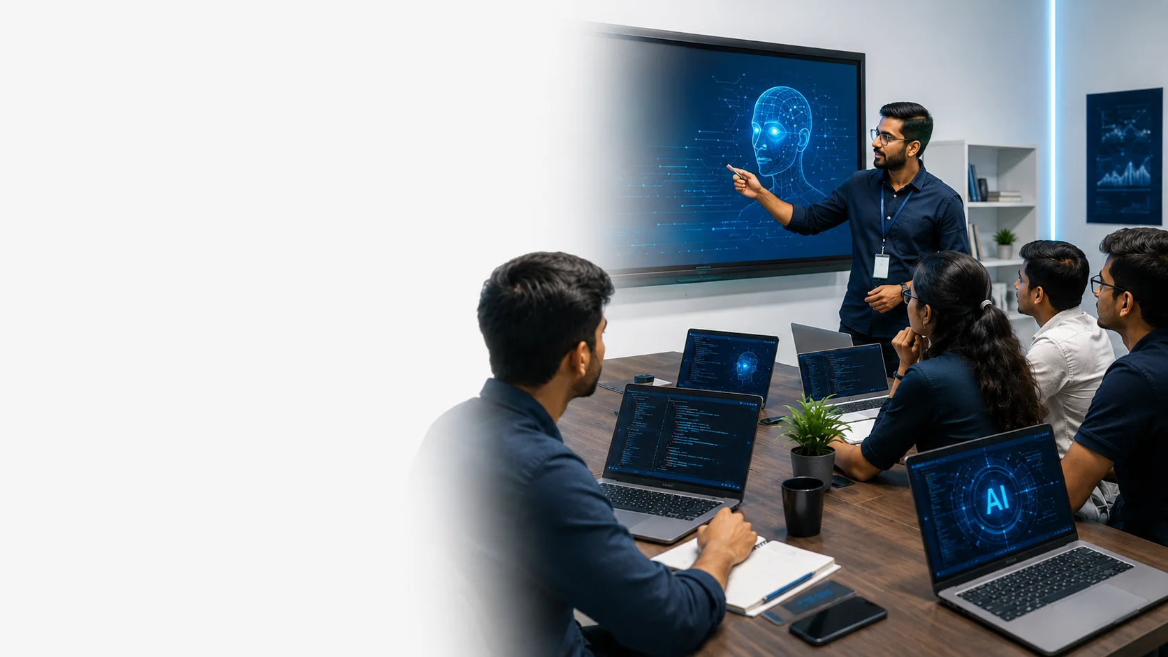 Instructor leading an AI workshop with students using laptops